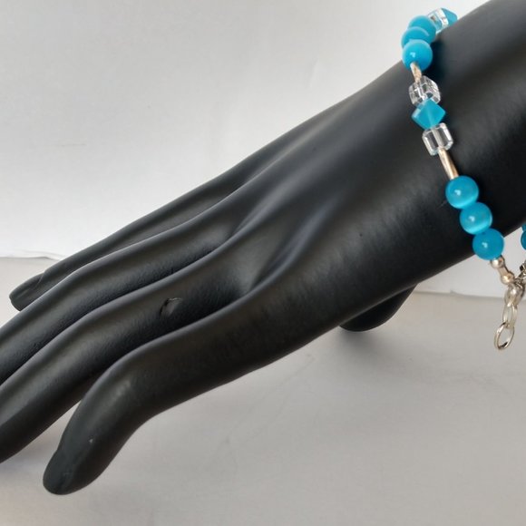 Aqua Blue Beaded Bracelet with Banded Agate Beads Handmade 8 inches - Picture 15 of 16
